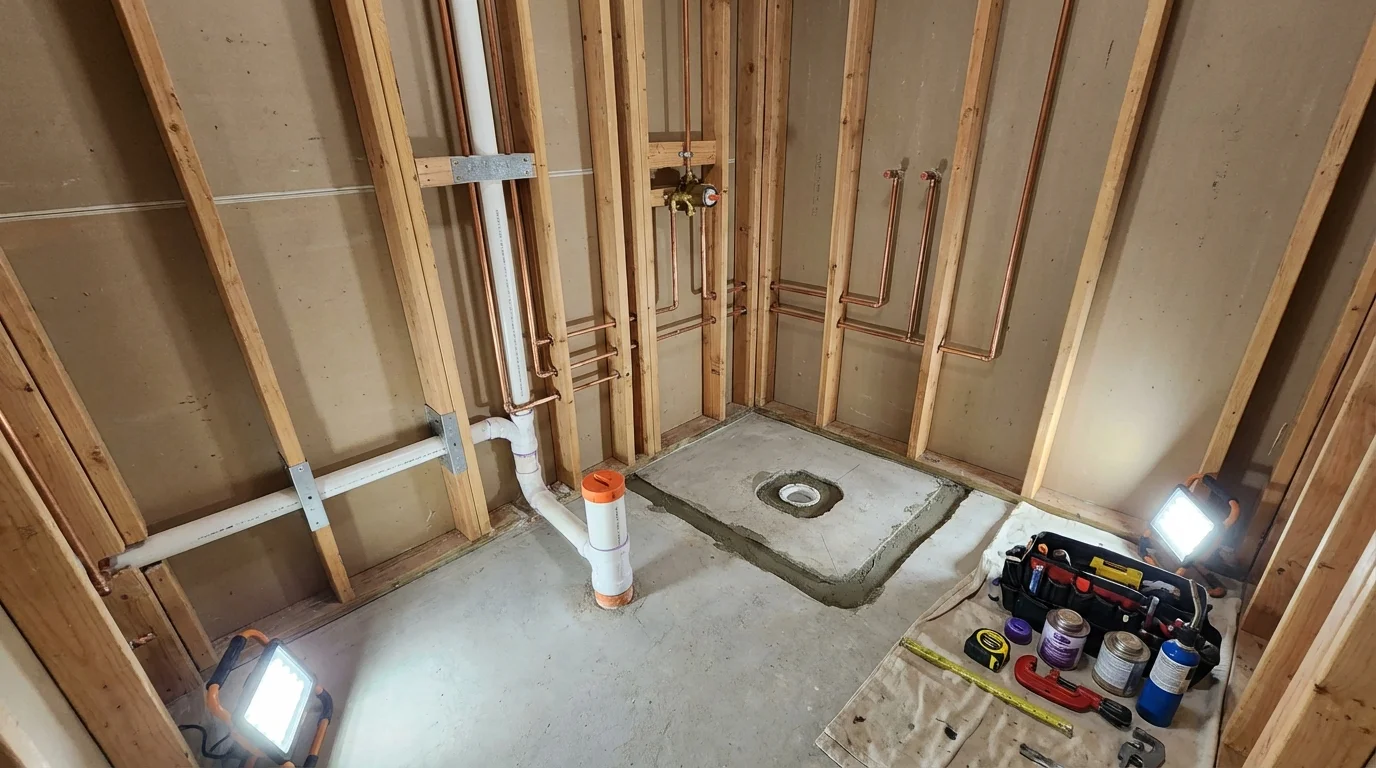 Bathroom rough-in plumbing during remodel by Johns Plumbing LLC in Lewisville