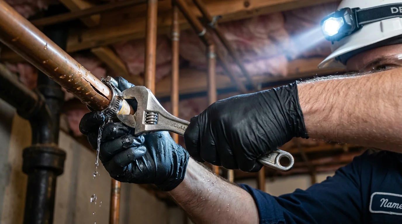 Emergency pipe clamp repair being performed by a Johns Plumbing LLC plumber in Lewisville
