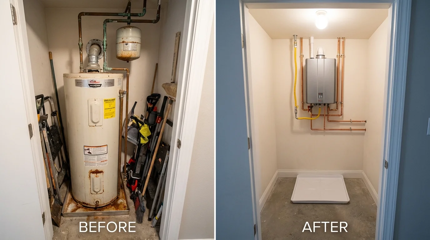 Tank water heater versus wall-mounted tankless unit comparison for Lewisville, NC homeowners