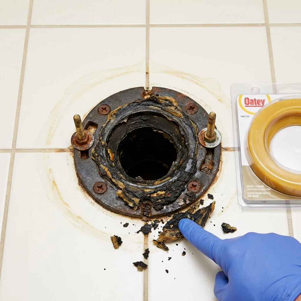 Failed wax ring showing water seepage at the base of a toilet in a Lewisville, NC home