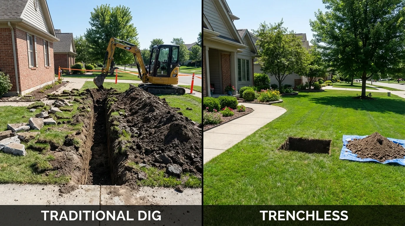 Trenchless sewer repair with minimal yard damage versus traditional excavation in Lewisville, NC