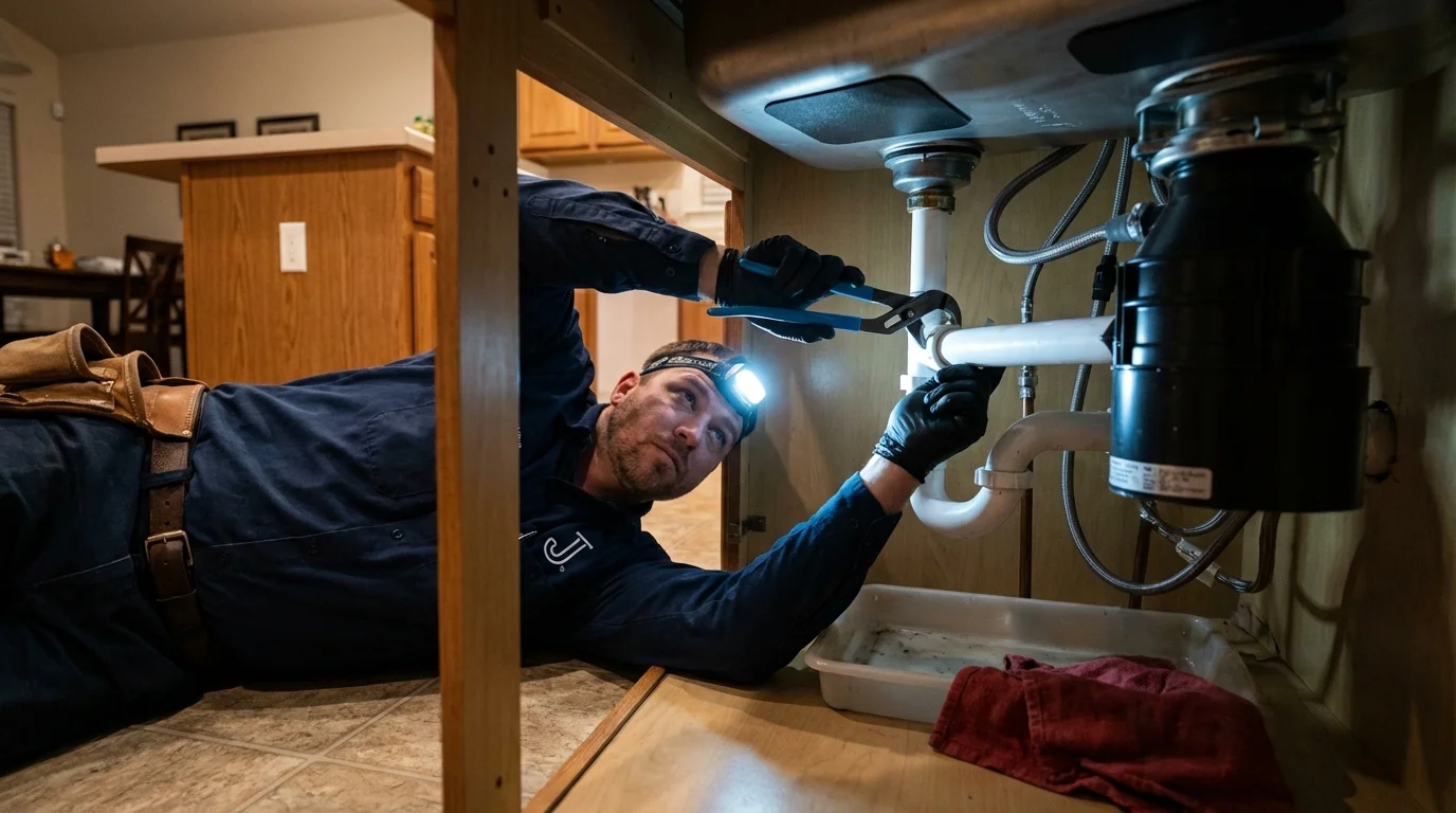 P-trap and supply line connections under a kitchen sink showing a common leak point in Lewisville, NC
